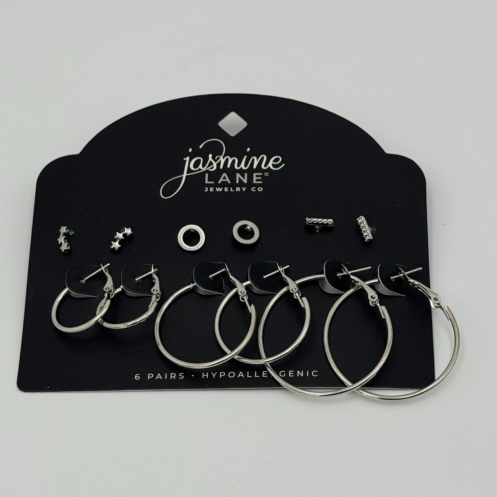 Jasmine Lane Silver Stud & Hoop Earring Set 6 Piece‎ Hypoallergenic NWT - Picture 2 of 5